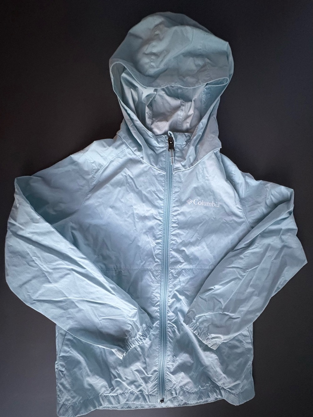 Columbia Light Blue Hooded Kids Rain Jacket